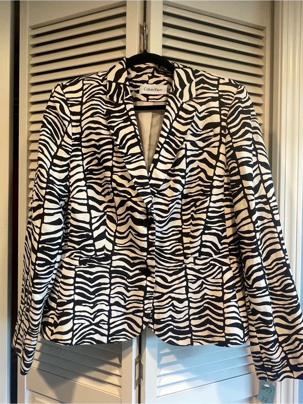 Calvin Klein Women's Black & White Zebra Print Blazer -Fully Lined, Sz 14